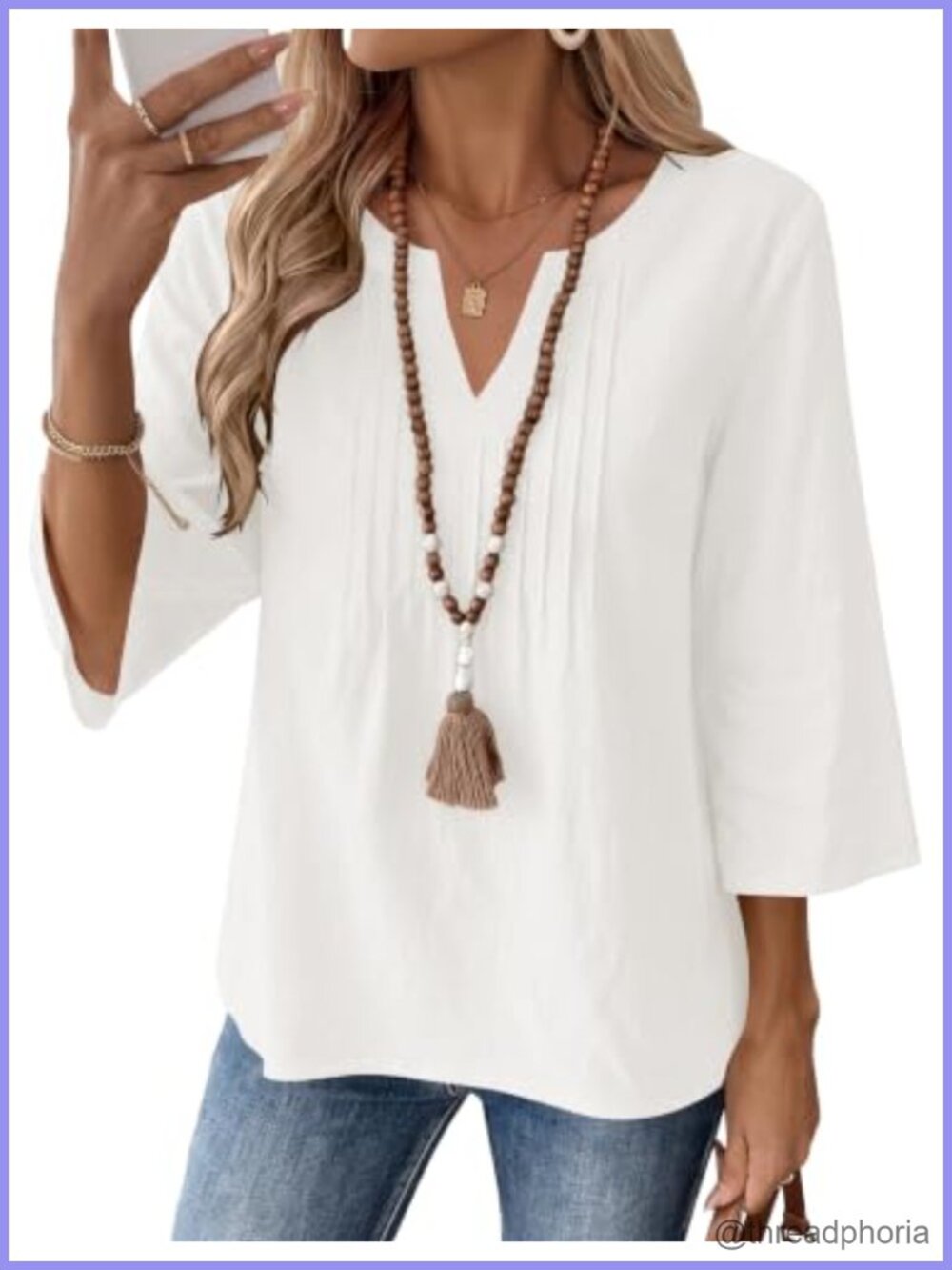 Womens 3/4 Sleeve Tops Cotton Linen V Neck Pleated Blouse Tunic